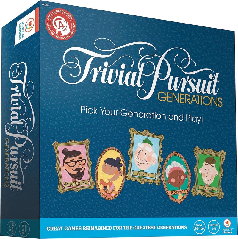 Joy for All Trivial Pursuit Generations - Trivia for Seniors - Cognitive Thinking Game - Big Easy to Read Cards for Low Vision - Fill-in-the-Blank Trivia Cards - Memory Board Game Activity for Elderly - Image 1